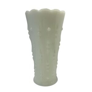 Vintage White Milk Glass Scalloped Vase Beaded Teardrop Pattern MCM 9 Inch